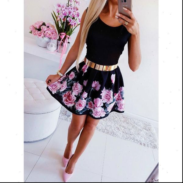 

women boho dress casual sleeveless o neck print slim dress mini bodycon party dresses vestido drop shipping, Black;gray