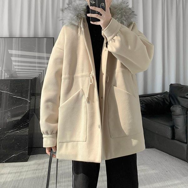 

winter thick woolen coat men's warm fashion casual fur collar hooded woolen coat men korean style oversize long mens, Black