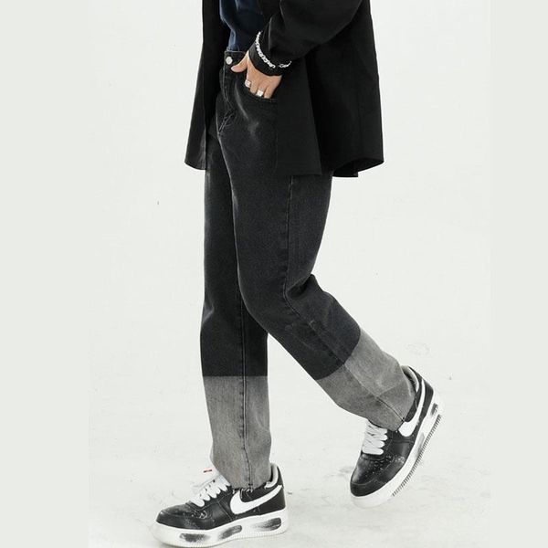 

splice color straight casual denim jeans trousers male japan korea style streetwear vintage fashion hip hop denim pant jean men, Blue