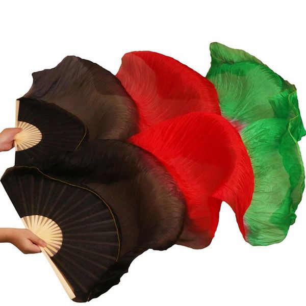 

high selling 100% real silk veils dancing long fans 1 pair handmade silk belly dance fans black+red+green colors
