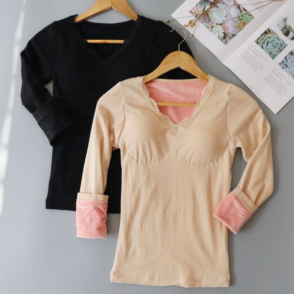 

new women 2021 autumn winter lace slim underwear blouse female thermal shirt elegant v-neck thick warm long sleeves a408faeb, Black;pink