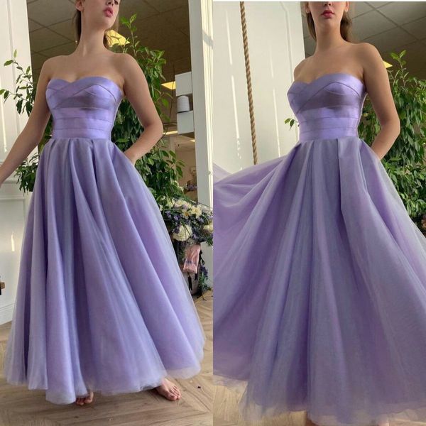 Jovem garota uma linha vestidos de baile luz roxo querida pescoço comprimento do chá de cetim vestidos de noite personalizados feitos formal vestidos de novia