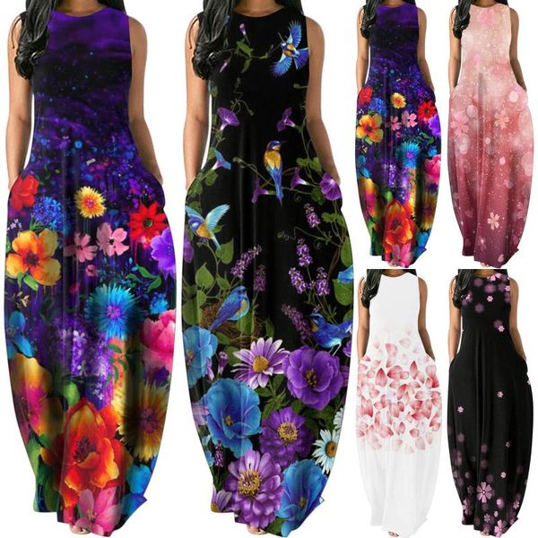 

casual dresses plus size women's maxi dress summer o-neck flower print sleeveless pullover tank ladies long dresses#35, Black;gray