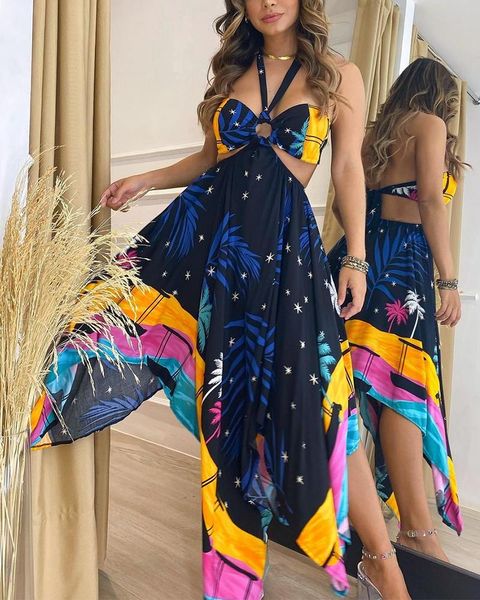 

casual dresses 2021 european and american summer fashion print hollowing neck sleeveless dress long, Black;gray