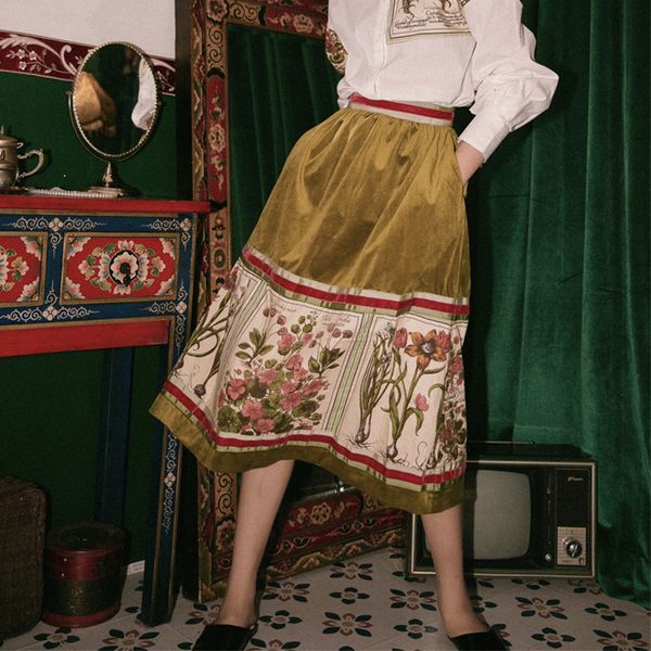 

2021 new veet printed skirts womens waist long green midi a line designer floral print high street skirt vkmz, Black