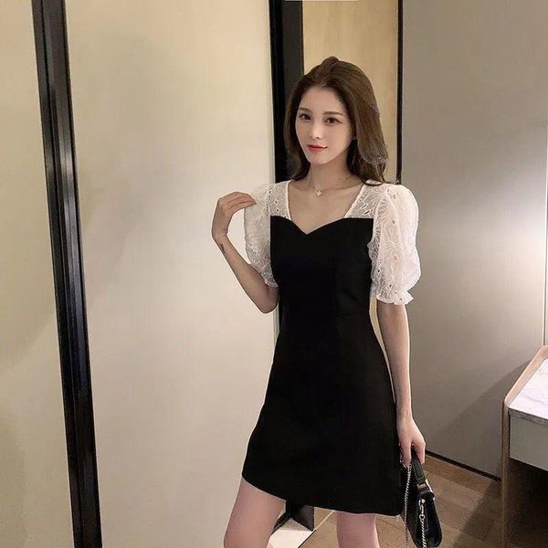 

casual dresses women waist solid color bubble sleeve women's out lace stitching small black vestido de mujer femme robe, Black;gray