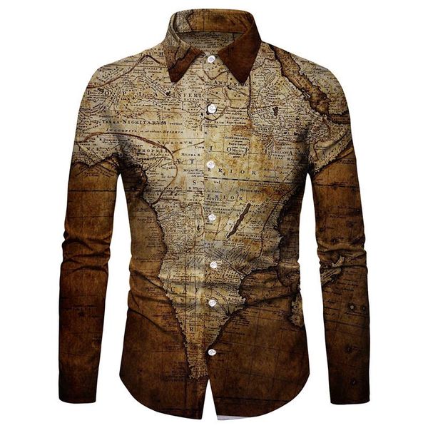 

men's casual shirts vintage map print pattern shirt autumn long sleeve spring stand collar button fashion office, White;black