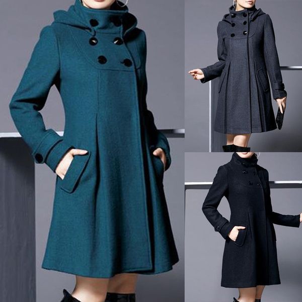 

women winter hooded woolen blends coat solid double-breasted pockets mid-long cloak windbreaker womens coat outerwear #40, Black