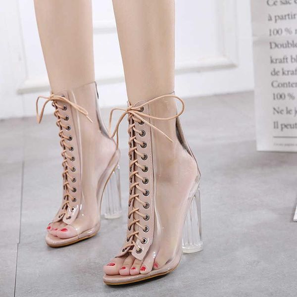 

dress shoes night club high heels female star same lace up thick heel transparent large size sandals, Black