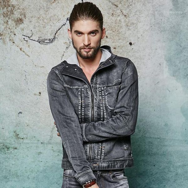 

men's jackets vintage 2021 gray hood denim autumn zipper washed jean men stylish slim fit casual jacket with nood, Black;brown