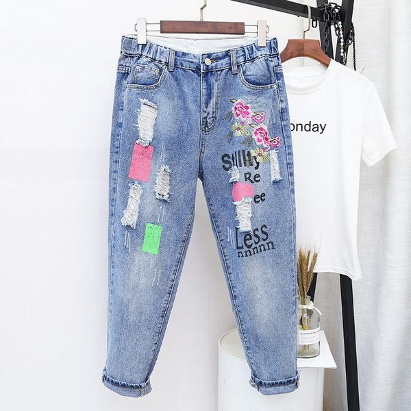 

women's jeans 8801 hole women korean style loose fashion chic cute sweet girl letters embroidery zipper scratch high waist denim pants, Blue