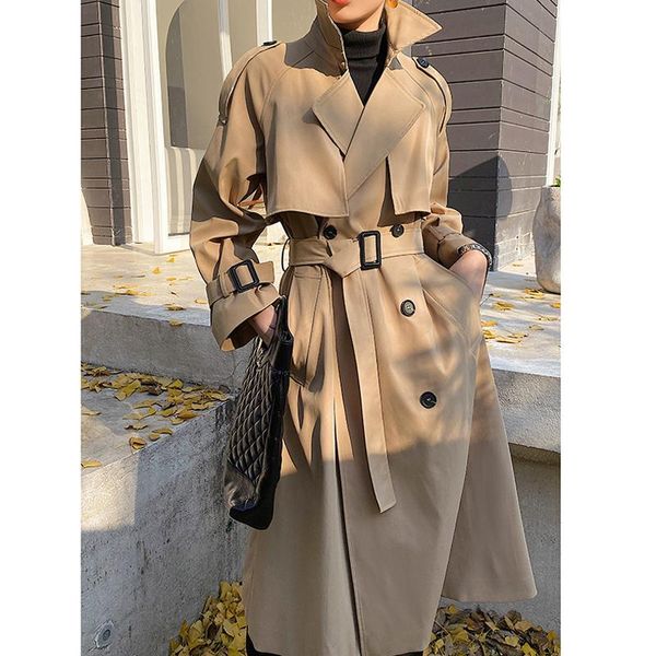 

women's trench coats elegant turn-down collar ladies 2021 winter british style fashion women`s long sleeve belted loose windbreaker coa, Tan;black