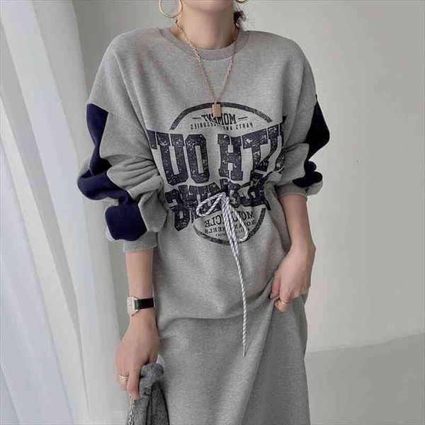 

[ewq] korean chic autumn black o-neck letter print color casual drawsting waist split sweatshirt dress women feamel 16e2954, Black;gray