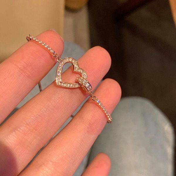 

link, chain 2021 trendy elegant 14k real gold plated love heart charm bracelet for women zircon rhinestone valentines gift, Black