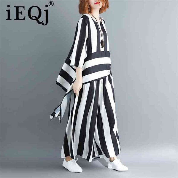 

[ieqj] summer women round collar irregular loose hem stripe shirt elastic suit casual waist two piece set bl641 210709, White