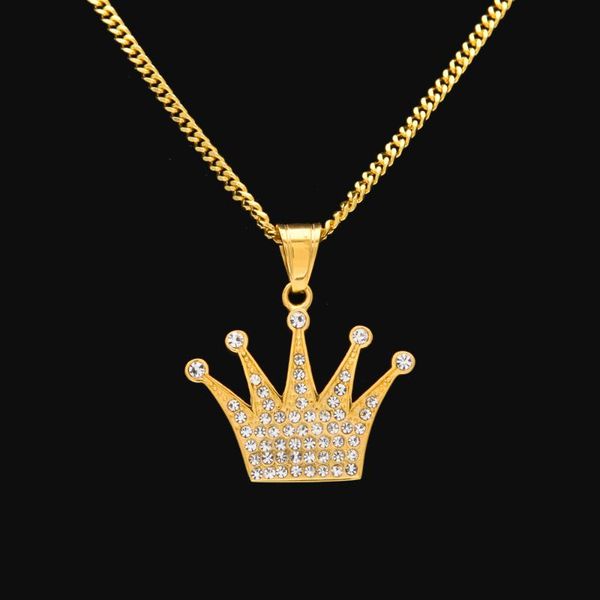 

pendant necklaces king crown necklace stainless steel gold color iced out rhinestone charm with 3mm 60cm cuban chain, Silver