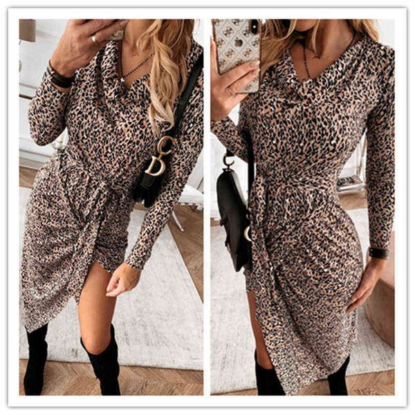 

casual dresses 2022 irregular leopard print long sleeve lace up dresses, Black;gray