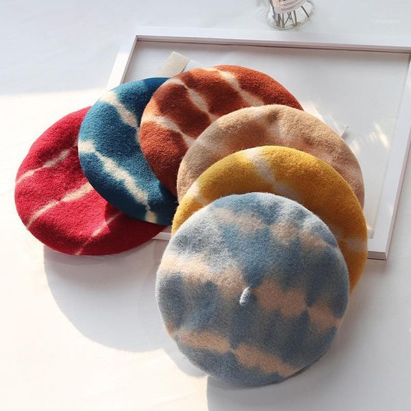 

berets harajuku women girl beret french artist warm wool winter beanie hat cap vintage plain hats tie dye elegant lady, Blue;gray