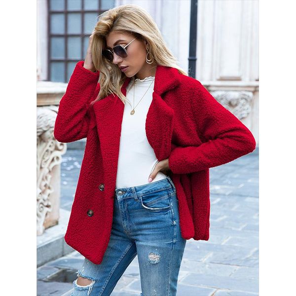 

women's fur & faux fashion coat women autumn and winter warm plush button lapel loose sweater cardigan sheep cake wool, Black