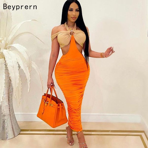 

casual dresses beyprern chic patchwork two tone ruched maxi womens halter cut out bandage fitted party club dress going robes, Black;gray