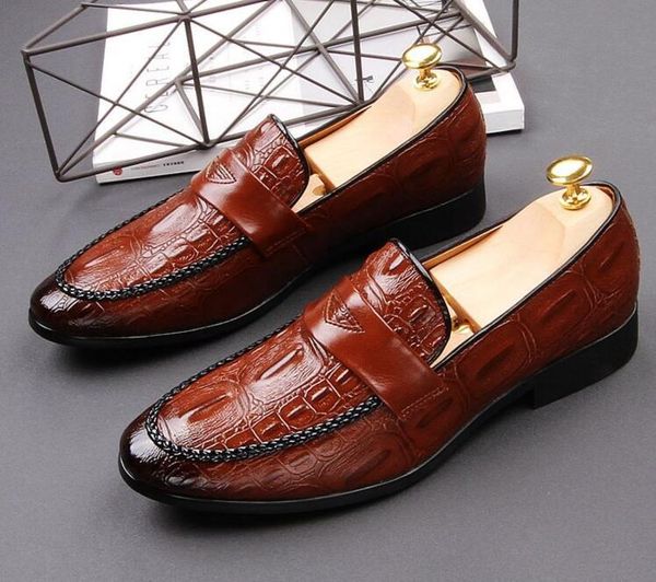 

dress shoes 2021 british men's crocodile pattern oxfords loafers wedding flats zapatos hombre vestir gentleman, Black