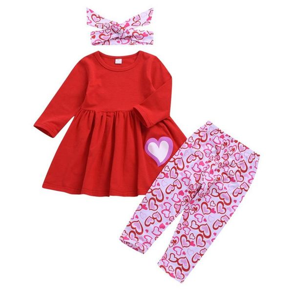 

2021 little girl 3pcs valentine's day clothes set kids flared sleeve heart print ruffled dress pants+ headband fall outfits, White