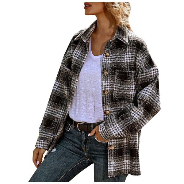 

women's wool & blends womens color block jackets plaid shirts autumn vintage button down flannel cardigan casual long sleeve pockets co, Black