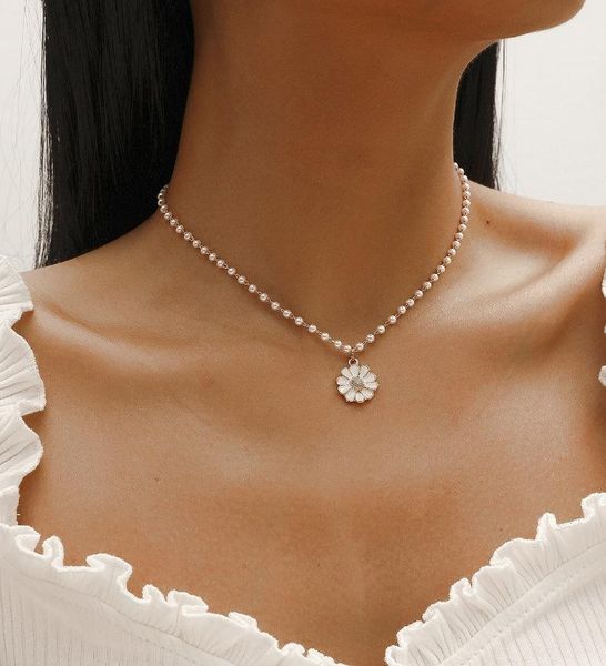 

pendant necklaces 2021 kpop boho pearl flower beads chain choker for women neck collar girl aesthetic indie jewelry, Silver
