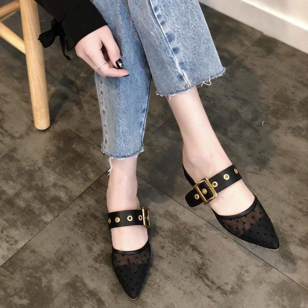 

2021 spring and summer new fashion solid color pointed square heel ladies casual slippers 1714, Black