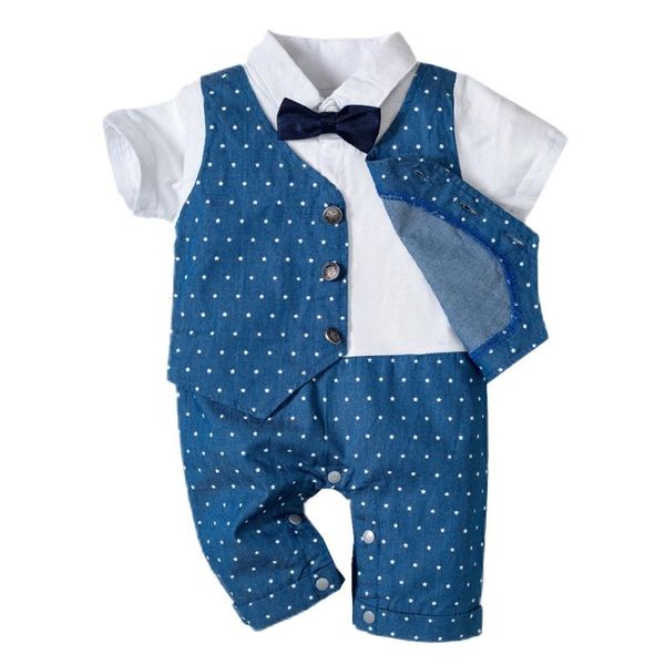

jumpsuits born infant baby boys suits clothing sets summer romper polka dot gentleman jumpsuit button formal clothes outfits, Blue