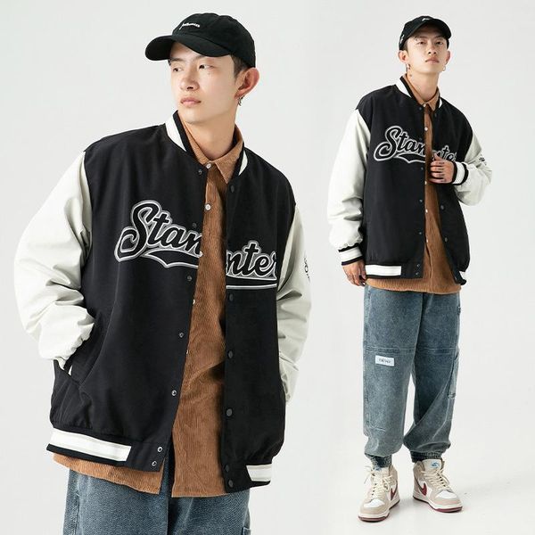 

men's jackets 2021 men patchwork streetwear bomber letter rib sleeve korean fashions windbreaker hip hop baseball loose cardigan coat, Black;brown