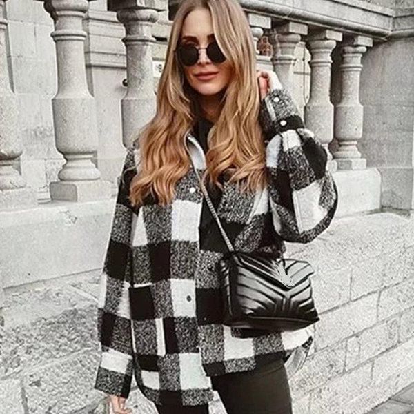 

women's wool & blends ayualin black white plaid overshirt jacket 2021 vintage autumn winter warm coats for women casual streetwear long