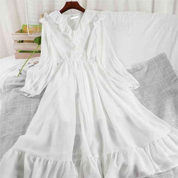 

women slim chiffon ruffles edge midi dress solid long sleeve v-neck high waist fashion a-line spring summer mz961 210525, Black;gray