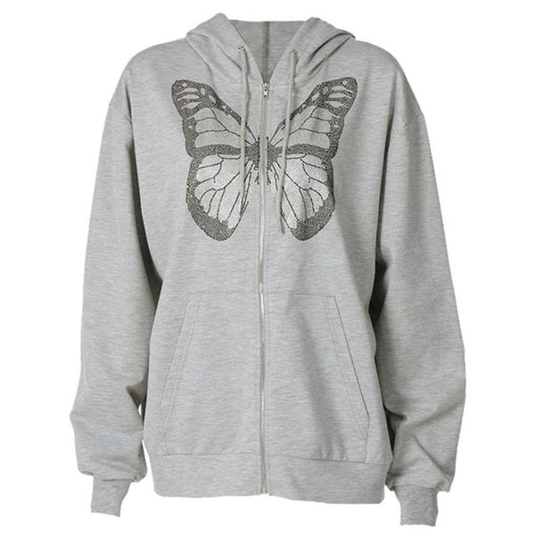 

women's hoodies & sweatshirts women long sleeve jacket butterfly rhinestone zipper loose sweatshirt j78e, Black