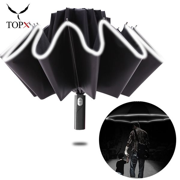 

Windproof Reverse Foding Automatic Rain Umbrea Men Women 3Foding Rain Umbrea 10 Ribs Refective Stripe Portabe Paraso