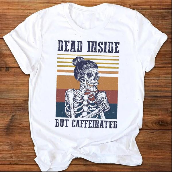 

women graphic funny coffee skull 90s printing autumn fall halloween print clothes lady tees t shirt womens t shirt, White