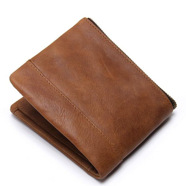 

yourseason 2021 solid multi-card position boys short standard wallets two fold men crazy horse leather retro zipper purse, Red;black