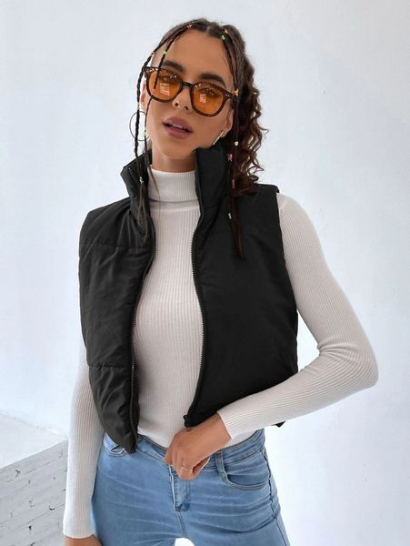 

solid zip up puffer vest w3tp#, Black