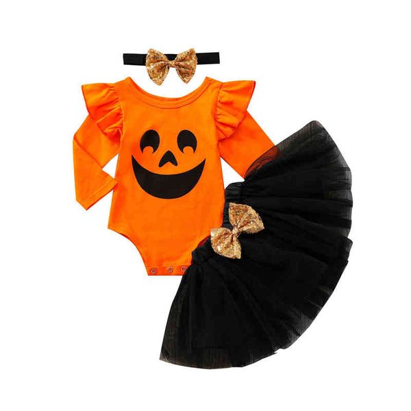 Roupas da criança do traje de Halloween Roupas Sorriso do sorriso O-pescoço mangas compridas Romper Tutu Saia Headband para crianças Roupas 3pcs G220223