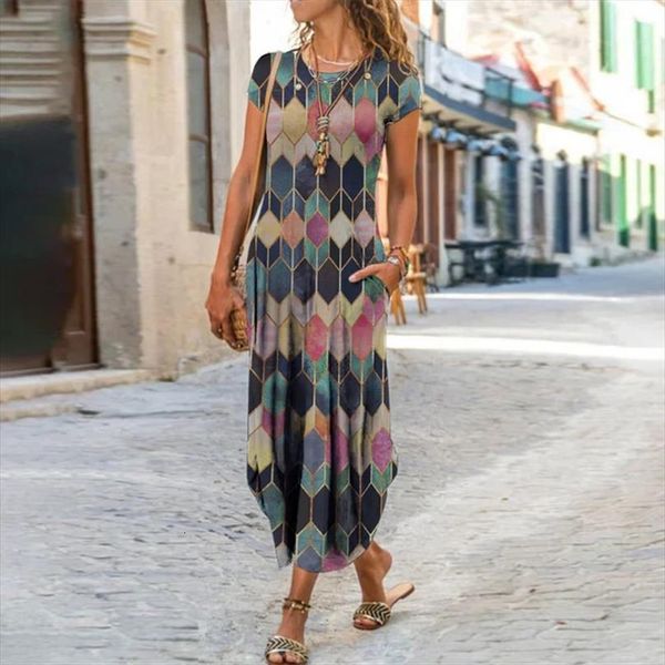 

plus size vintage geometric print womens dresses slim casual short sleeve women floral printing long maxi female vestidos, Black;gray