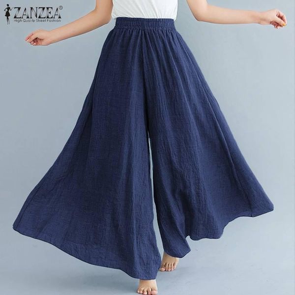 

women's pants & capris 2021 fashion zanzea women wide leg elegant solid elastic high waist trousers female casual loose long pantalon s, Black;white