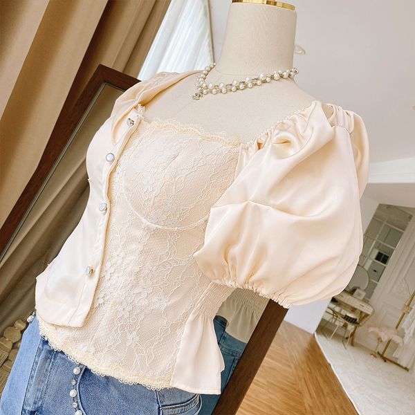 

french style retro puff sleeve blouse square collar short shirt for women 2021 summer new solid colour elegant blusas lace top, White