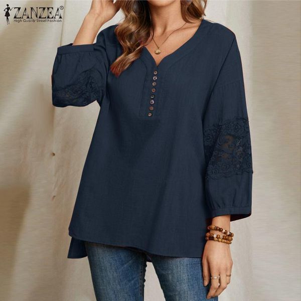

women's blouses & shirts lace patchwork blouse women casual 3/4 sleeve crochet shirt zanzea loose v neck ol chemise 2021 fashion irregu, White