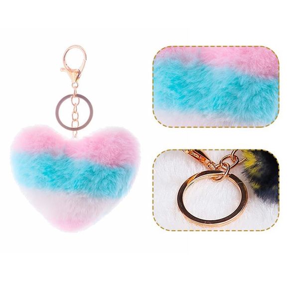 

faux wool multi-color stitching love pendant color plush peach heart keychain rainbow heart-shaped bag car pendant, Silver