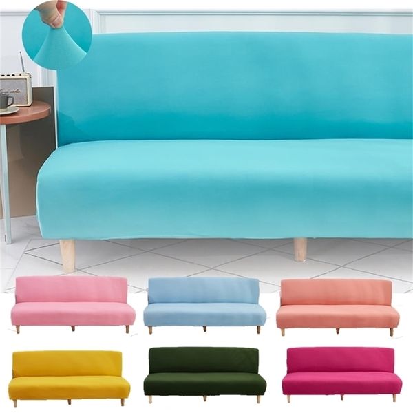 Céu azul cor sólida dobrável sofá cama capa sem braço spandex elástico assento decorativo móveis couchcover para sala de estar 211116