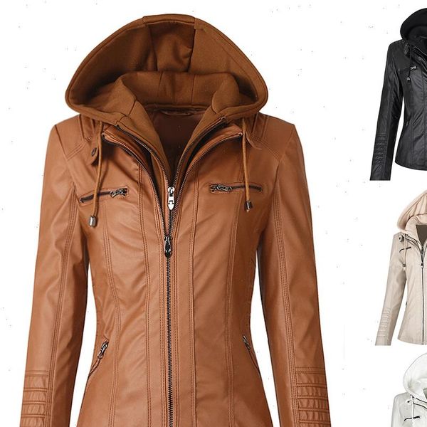 

faux leather jacket women hoodies gothic motorbike basic pu jacket coats outerwear hooded zipper waterproof ladies coat, Black;brown
