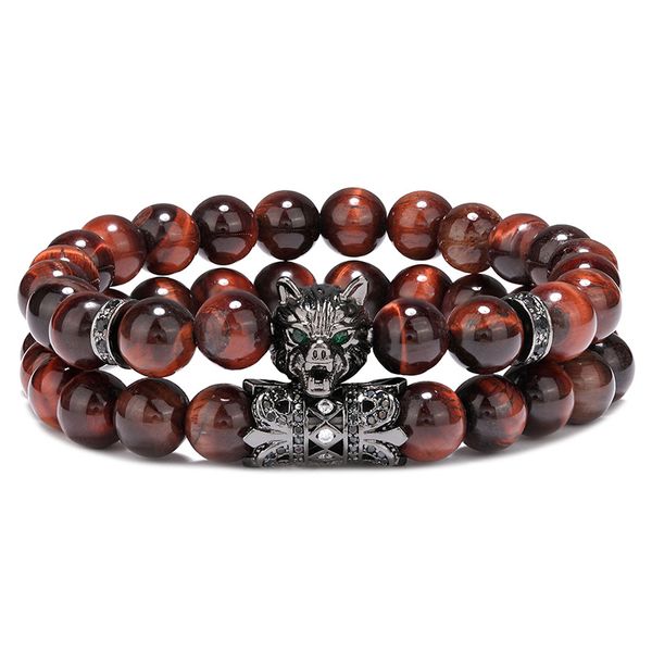 Elegante Potência Natural Pedra Vermelho Tigre Eye Beads Fios Cz Wolf Head Animal Charme Bracelete Homem Jóias