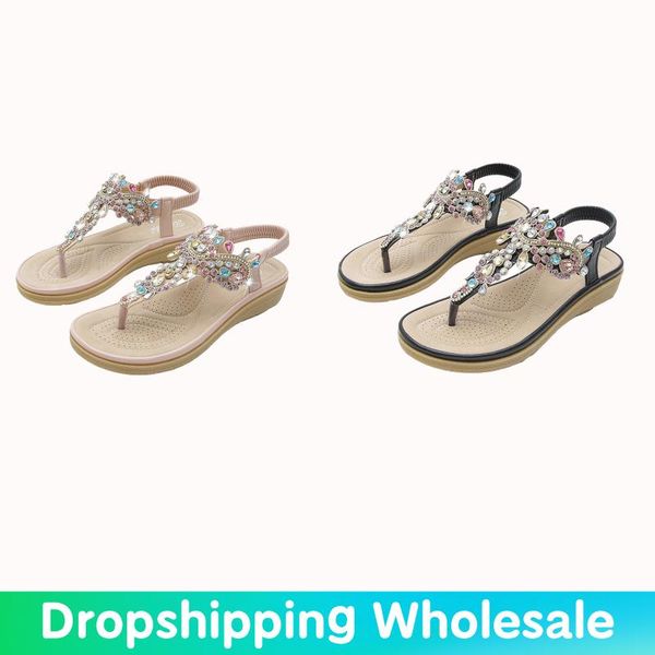 

sandals summer pu fairy style flat bohemian breathable fashion beach rhinestone bottom slope vulcanize heel, Black