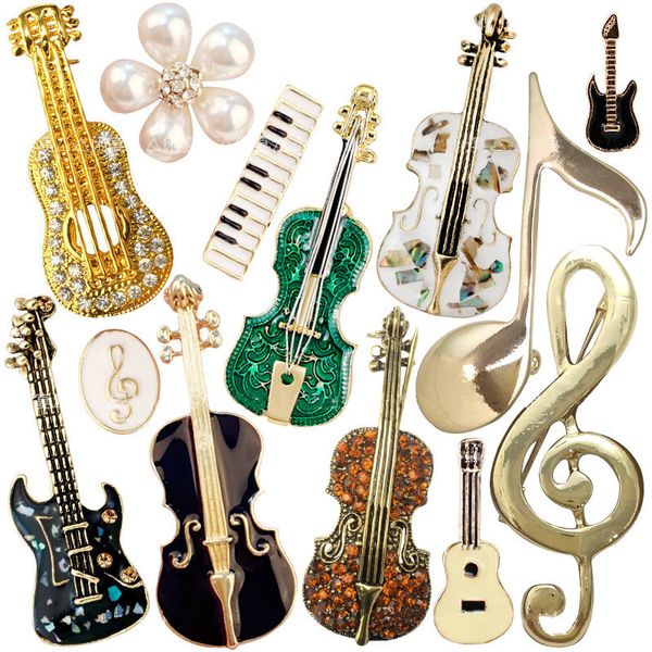 

1 pc small enamel lapel pins badge rhinestone crystal metal violin guitar brooch pin for women clothes jewelry accessories, Gray