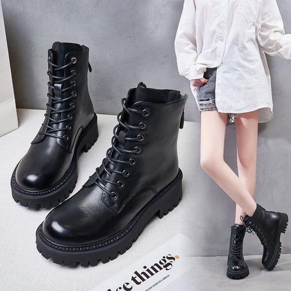 

boots shoes for women leather women's short zapatillas mujer chaussure femme zipper platform, Black